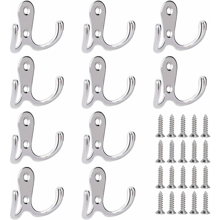 Carlige clasice rezistente pentru haine, multifunctionale, cu montare pe perete, cu doua brate, pentru agatat paltoane, prosoape, palarii, chei, genti in baie, bucatarie, garaj, dormitor