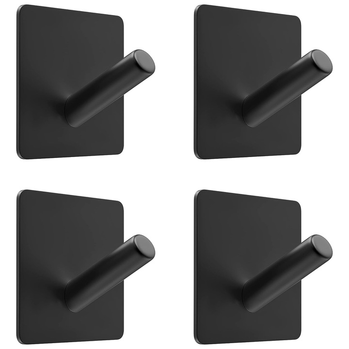 Set 4 carlige autoadezive pentru prosoape, inox, negru/argintiu, montare pe perete