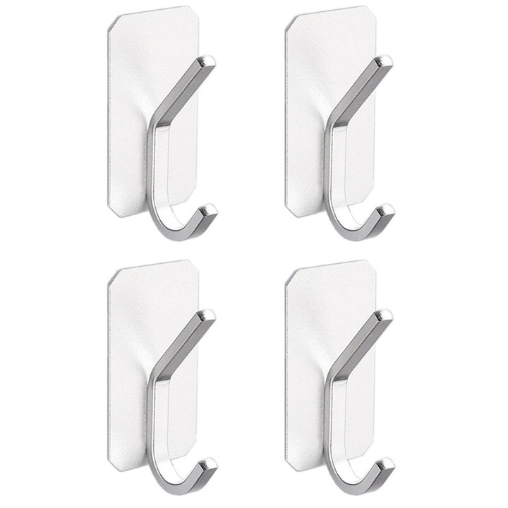 Set 4 carlige autoadezive pentru prosoape, aluminiu mat, multicolor, montare pe perete