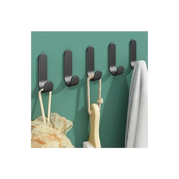 Carlige J adezive rezistente pentru intrare, carlig cu unghi J din material anti-rugina, suport de sarcina de 10 lbs, robust si durabil, pentru burete pentru ustensile de bucatarie pentru prosop, impermeabil, negru (10 buc)