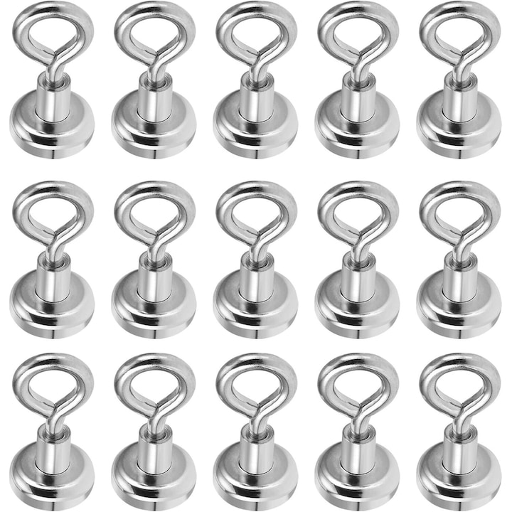 Carlige magnetice rezistente la zgarieturi, Enforose, neodim/inox, argintiu, 15 bucati
