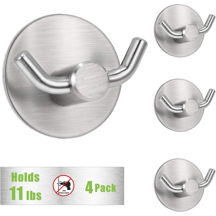 Carlige adezive pentru agatat, detasabile, Enforose, rezistente, inox, set 4 bucati, argintiu