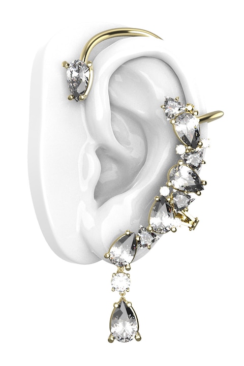 GUESS, Cercei ear cuff de otel inoxidabil cu cristale, Auriu, Transparent