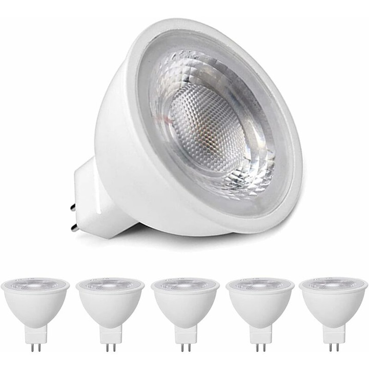 Комплект от 5 LED крушки MR16 GU5.3 5W, топло бяла светлина 3000K, 500 лумена, 120° ъгъл на осветяване, AC/DC 12V
