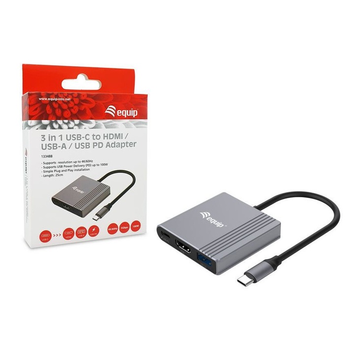 EQuip 133488 3in1 USB-C to HDMI/USB-A/USB PD Adapter, 217813, Notebook kiegészítő