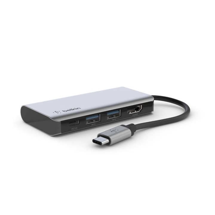 Adaptor multiport Belkin USB-C 4-în-1 gri, 174404, extensor de porturi