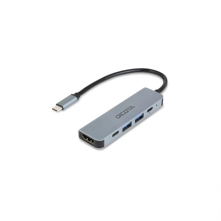 Hub 5 in 1 DICOTA, USB-C, HDMI 4K, 2x USB-A, USB-C PD 100W, argintiu