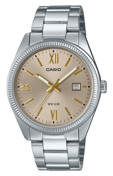 Férfi karóra Casio, analóg kijelző, világító, vízálló 50M, bézs számlap, 38.5x9.2mm