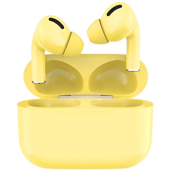 Casti bluetooth SDEPOT®, cu sunet HD, microfon incorporat si functii tactile, compatibilitate universala, Dual HD True Stereo, galben