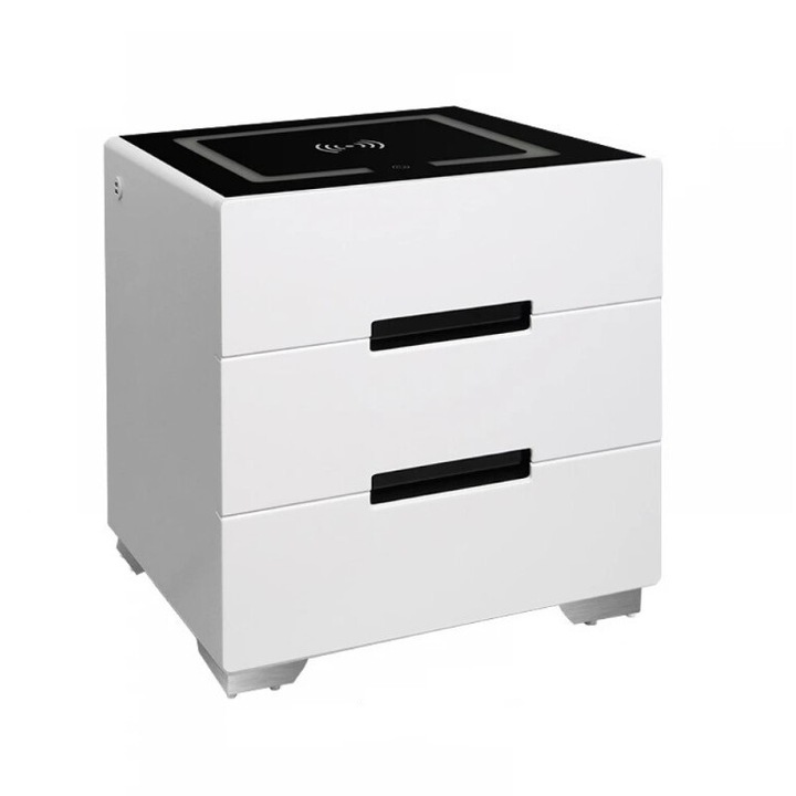 Noptiera Smart Multifunctionala cu Incarcare Wireless si USB, 3 sertare, LED-uri cu Touch, Temperatura Lumina Reglabila, Sticla Neagra Securizata, Alba, Alpincool Rebeca
