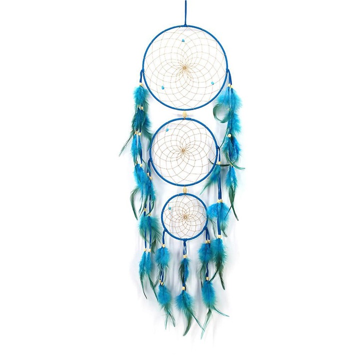 Dream Catcher handmade, Bizaical, 78cm, Decor pentru perete, Albastru