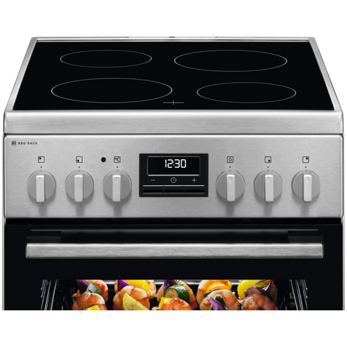 Aragaz Electrolux LKR540267X, Electric, Vitroceramica, 4 zone de gatit, Raft BBQ, Timer electronic, Grill, Iluminare cuptor, Clasa A, 50 cm, Inox