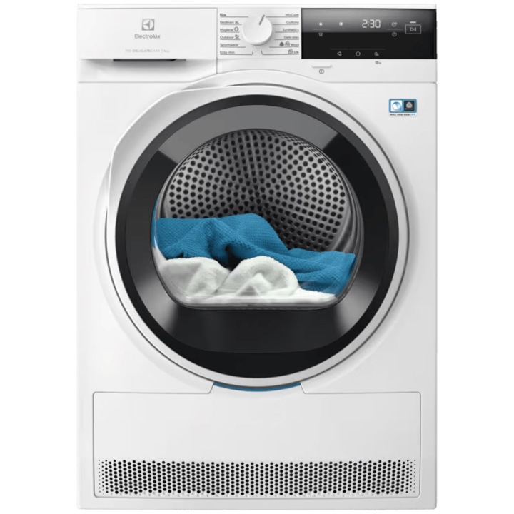 Uscator de rufe Electrolux EW7D384AE, Pompa de caldura, 8 kg, Clasa A+++, Motor Inverter, DelicateCare, Sensicare, Display LED, Iluminare interioara tambur, Alb