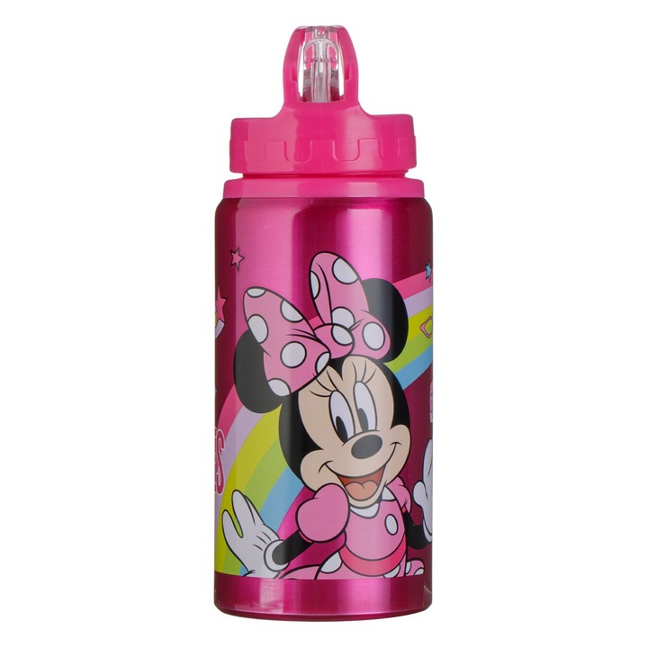 Бутилка за вода Disney Minnie, капачка, алуминий, цвят фуксия, вместимост 0,5 л