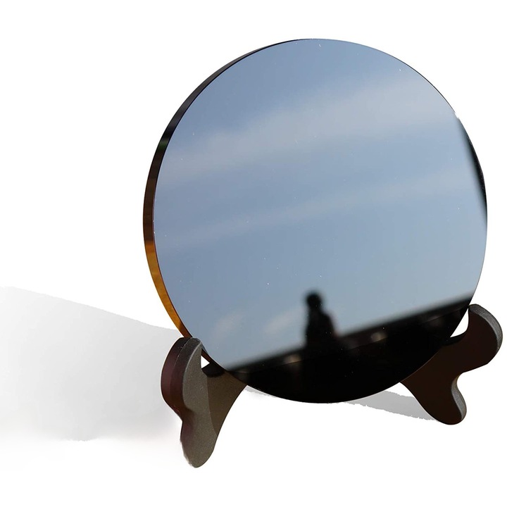 Fekete obszidián tükör, dekoratív kiegészítőkkel, lapos kialakítás, talppal, 8 cm átmérőjű