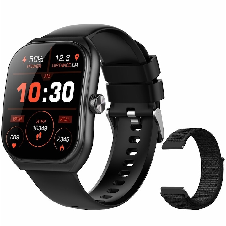Techbasics® Smartwatch, 2,01" извит екран, Bluetooth 5.3 разговори, HD микрофон, известия за повиквания и социални мрежи, наблюдение на здравето, наблюдение на съня, спорт, фитнес режими, безжично зареждане, водоустойчив IP68, 2 гривни, унисекс, черен