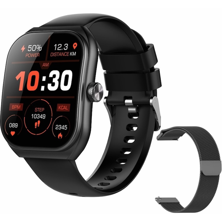 Ceas Smartwatch Techbasics®, Ecran Curbat 2.01", Apeluri Bluetooth 5.3, Microfon HD, Notificari apel si retele sociale, Monitorizare sanatate, Monitorizare somn, Moduri sport, fitness, Incarcare wireless, Rezistent la apa IP68, 2 Bratari, Unisex, Negru