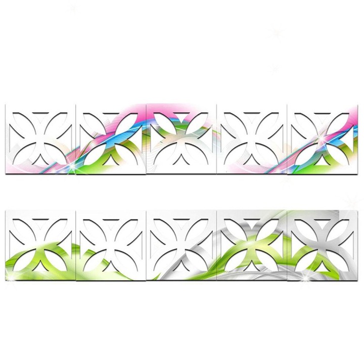 10 darabos dekoratív háromdimenziós akril tükör matrica szett, ezüst, 30x30cm