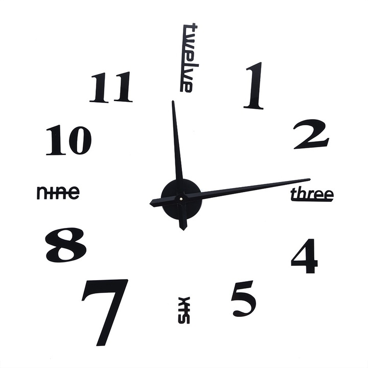 Dekoratív falióra, Mmgoqqt, modern design, fekete, 3D, matricaszett az egyszerű telepítéshez