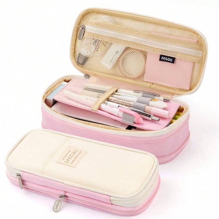 Speciális iskolai tolltartó, Anacool, 1 rekeszes belső füllel, nagy kapacitású, többfunkciós, állítható méretű, 22x6,5x10,5 cm, rózsaszín bézs