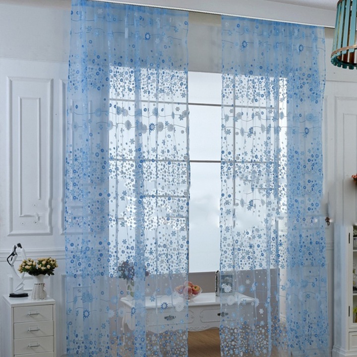 Innovatív, elegáns, áttetsző, virágmintás voile függönyök nappaliba, dolgozószobába, hálószobába, égkék, 100 x 270 cm / 39,4 x 106,3 in. (rúdra fűzhető)