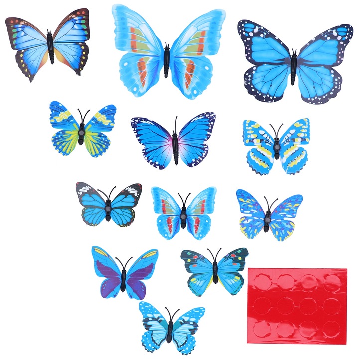 Szett 12 db dekoratív 3D pillangó matrica, Jormftte, többszínű, könnyen eltávolítható