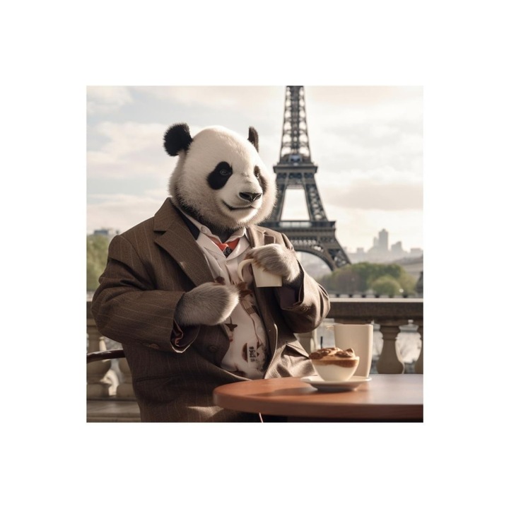 Set de pictura 5D cu Diamante DIY, Pentru copii si adulti, pe panza 30 x 30 cm, Model cu panda in Paris