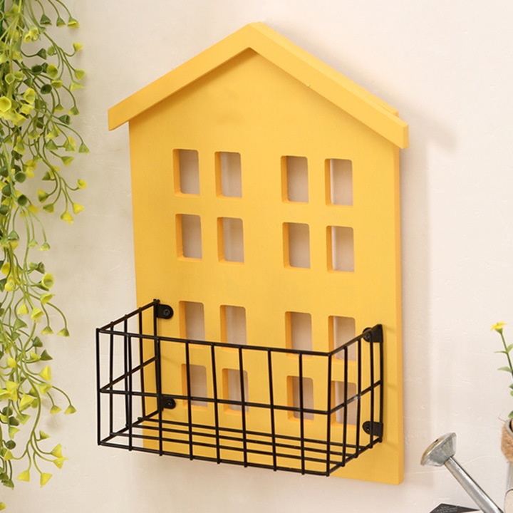 Dekoratív fapolcok, Jormftte, ház alakú, rekeszekkel, sárga színű, falra szerelhető