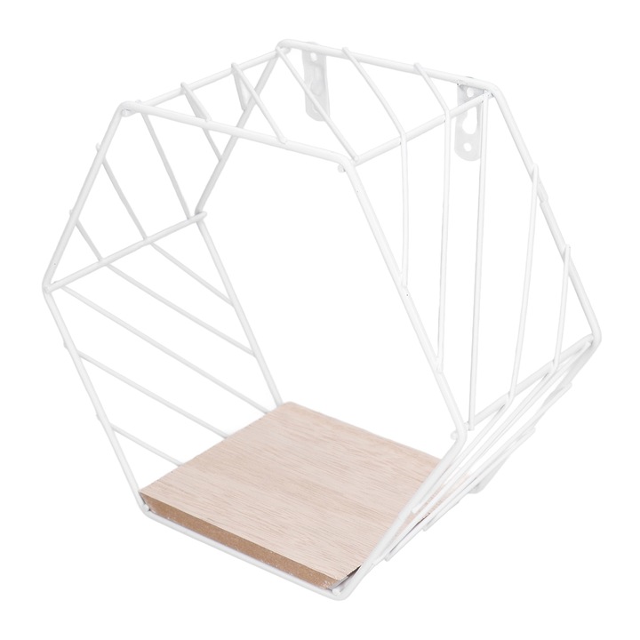 Jormftte hatszögletű lebegő polcok, fém és fa, fehér, nappaliba és hálószobába