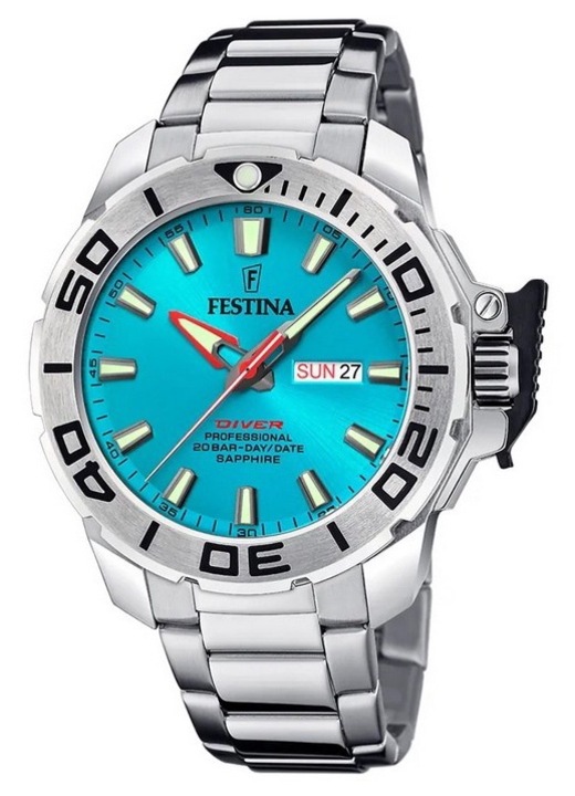 Ceas barbatesc Festina Diver, cadran turcoaz, curea din otel inoxidabil, 200m rezistenta la apa, cu curea suplimentara, 46x13mm
