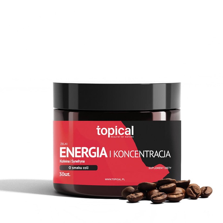 Set 30 suplimente alimentare Topical, pentru energie si concentrare, cofeina, aroma de cola, jeleuri