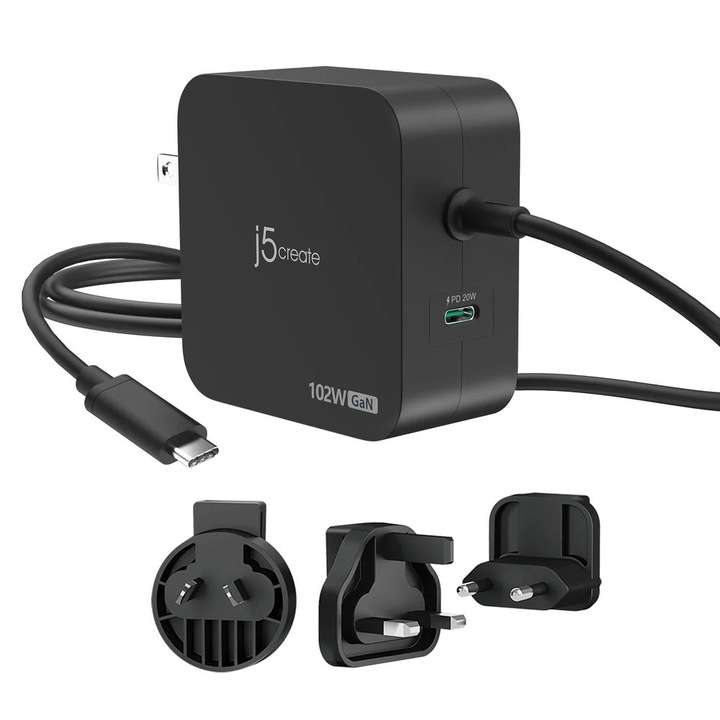 J5create JUP25102V 102W GaN PD USB-C 2-Port Charger with Changeable AC Plugs, 237371, Notebook kiegészítő