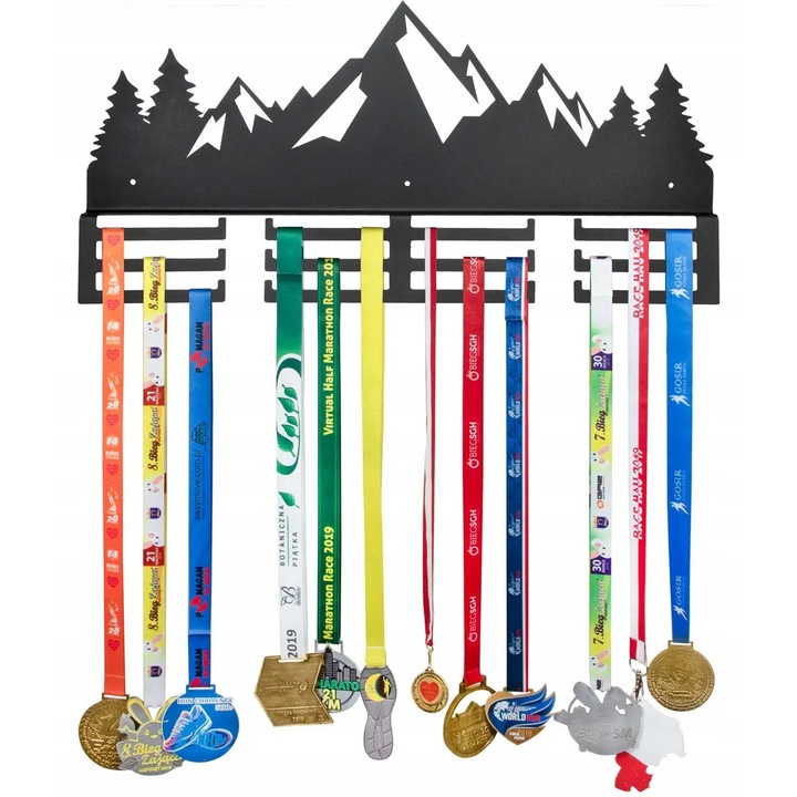 Suport metalic pentru medalii, 60cm, design peisaj montan, 12 carlige, negru mat