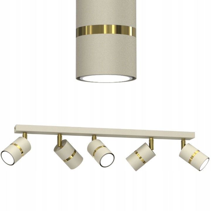 Таванна лампа с 5 точки, метална, бяла със златна, 60x5.5 см