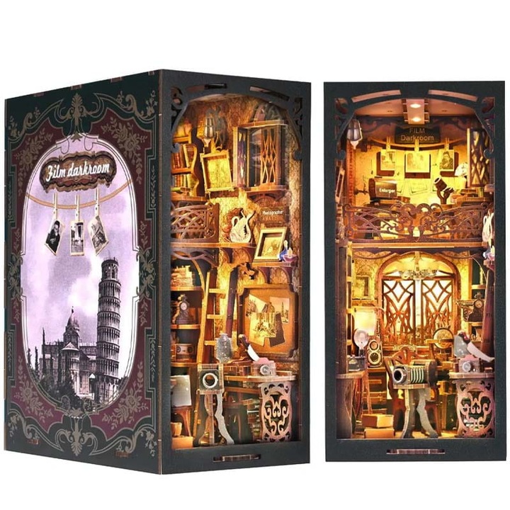 Puzzle 3D Book Nook Diy, Fotografie Veche, Cu Led, Cu Kit De Asamblare, Material Lemn, Nivel De Dificultate 6/7, Vârsta Minimă 9+, Imprimări De Înaltă Calitate, Eco-Friendly, Decorațiuni Pentru Rafturi, 18.5x11.3x23.6 cm