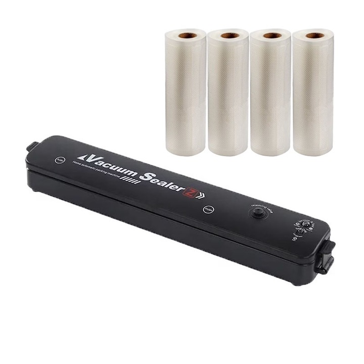 Set aparat de vidat si sigilat cu vacuum si 4 role pungi pentru vidat 500x17cm pentru carne, legume, fructe, pastreaza prospetimea, negru