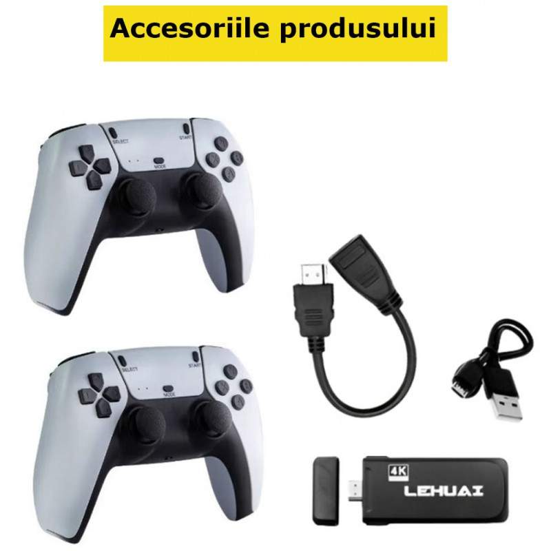Consola SIKS Tip Cu Jocuri Retro, 20.000 de Jocuri Video, Compatibil cu 9 Emulatoare, 2 x Controler Wireless, HDMI, 2.4GHz, 4K, 64GB, Alb
