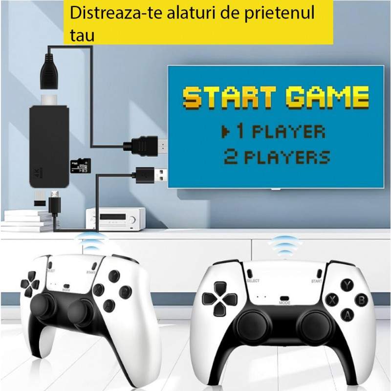 Consola SIKS Tip Cu Jocuri Retro, 20.000 de Jocuri Video, Compatibil cu 9 Emulatoare, 2 x Controler Wireless, HDMI, 2.4GHz, 4K, 64GB, Alb