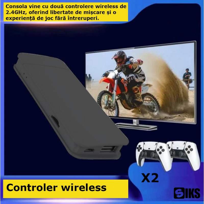 Consola SIKS Tip Cu Jocuri Retro, 20.000 de Jocuri Video, Compatibil cu 9 Emulatoare, 2 x Controler Wireless, HDMI, 2.4GHz, 4K, 64GB, Alb