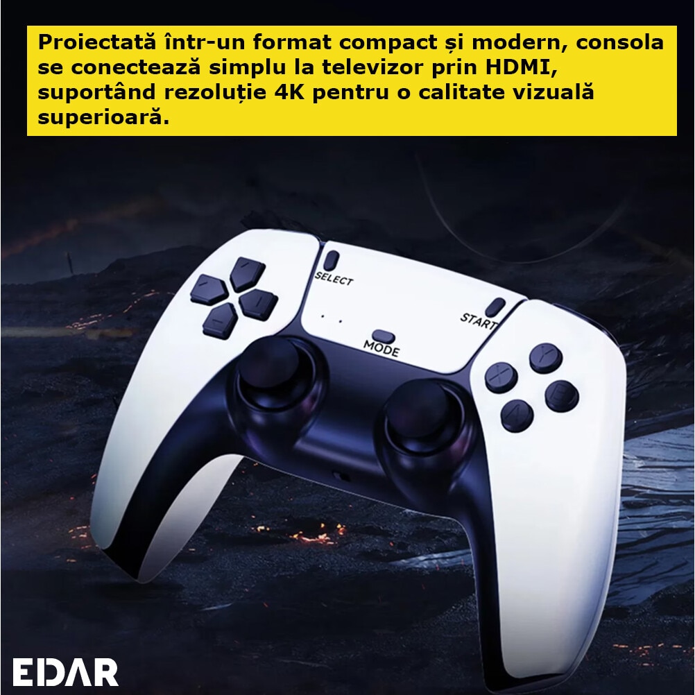 Consola EDAR Tip Stick Cu 20.000 De Jocuri Retro, Compatibila Cu 9 Emulatoare, 2 Controlere Wireless, Conexiune Hdmi, 2.4ghz, Suport 4k Si Capacitate De Stocare De 64gb, Alb