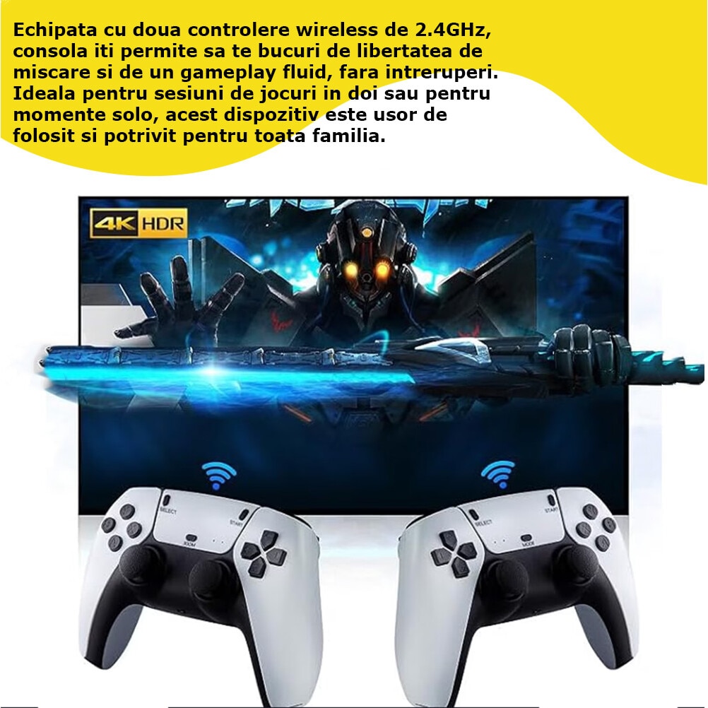 Consola EDAR Tip Stick Cu 20.000 De Jocuri Retro, Compatibila Cu 9 Emulatoare, 2 Controlere Wireless, Conexiune Hdmi, 2.4ghz, Suport 4k Si Capacitate De Stocare De 64gb, Alb