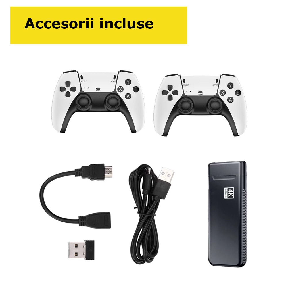 Consola EDAR Tip Stick Cu 20.000 De Jocuri Retro, Compatibila Cu 9 Emulatoare, 2 Controlere Wireless, Conexiune Hdmi, 2.4ghz, Suport 4k Si Capacitate De Stocare De 64gb, Alb