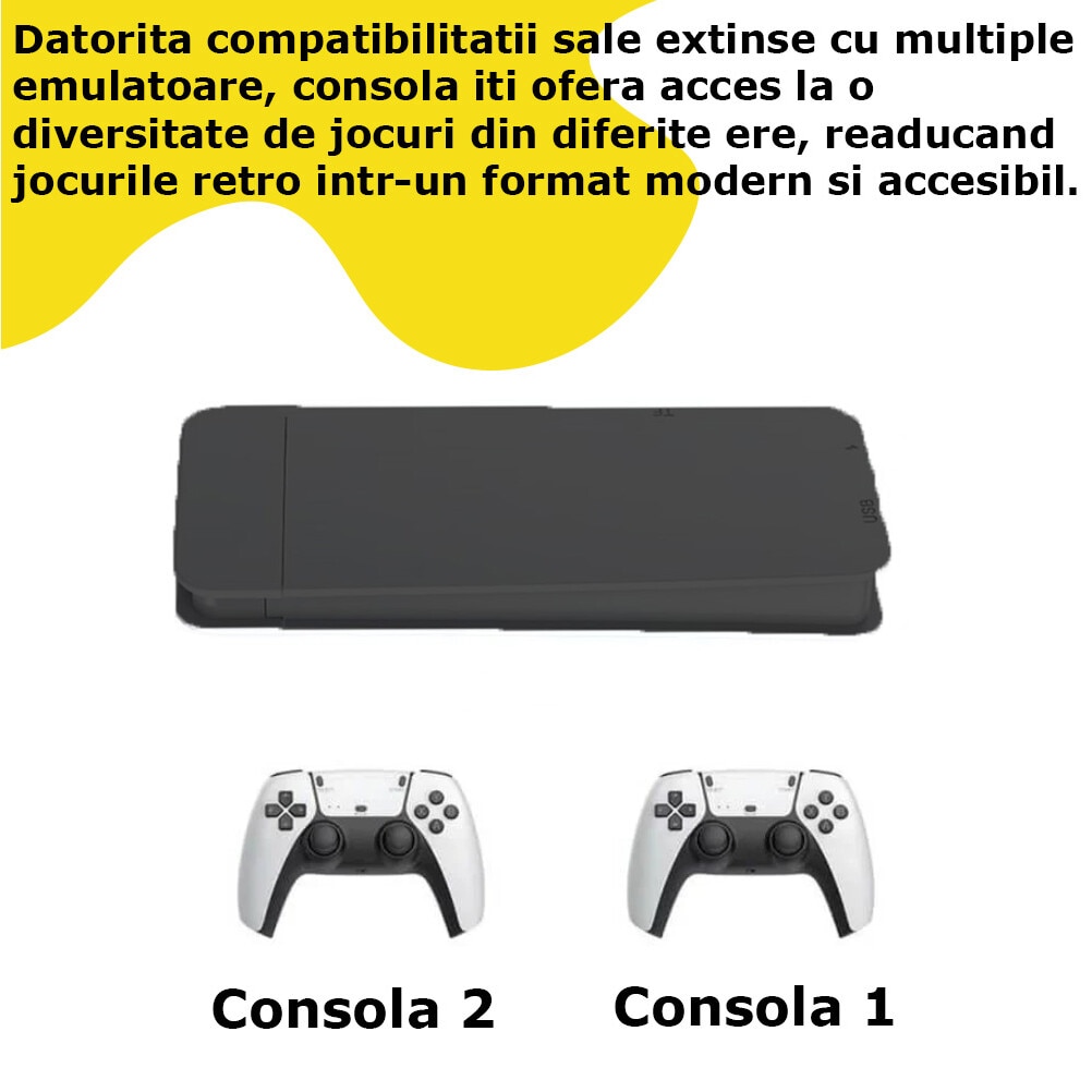 Consola EDAR Tip Stick Cu 20.000 De Jocuri Retro, Compatibila Cu 9 Emulatoare, 2 Controlere Wireless, Conexiune Hdmi, 2.4ghz, Suport 4k Si Capacitate De Stocare De 64gb, Alb