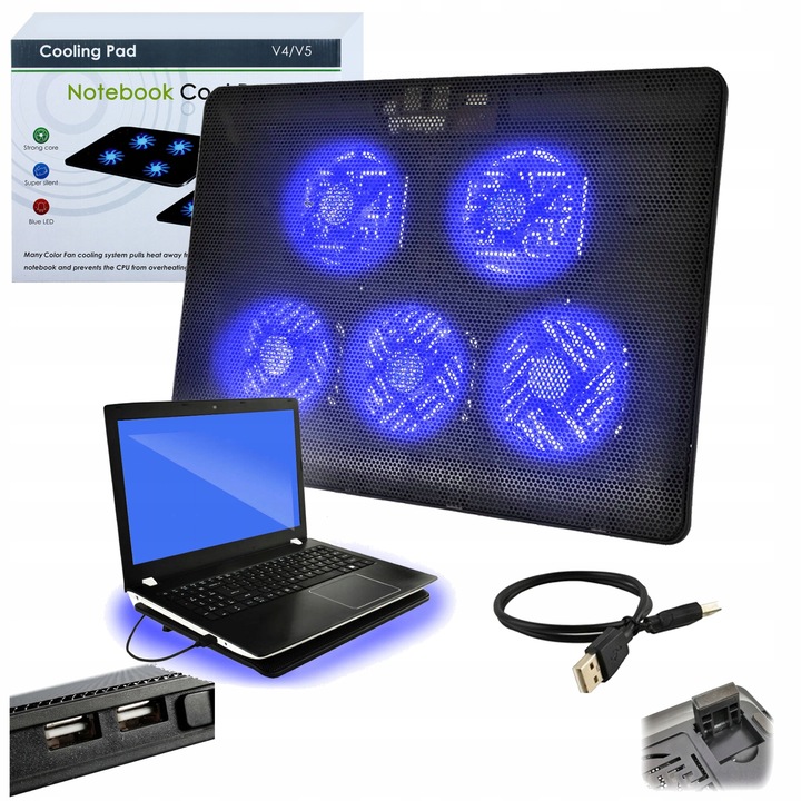 Suport de racire, Universal, 12-17 inci, Silentios, 3 moduri de functionare, 5 ventilatoare, 2 porturi usb, Alb-negru, Material abs