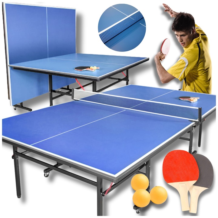 Masa de ping pong ZOLTA, set complet cu plasa, 2 rachete, 3 mingi, albastru, 274,5x152,5cm