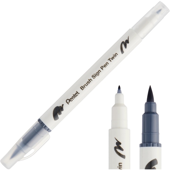 Marker dual Pentel, gri deschis, pentru caligrafie si ilustratii