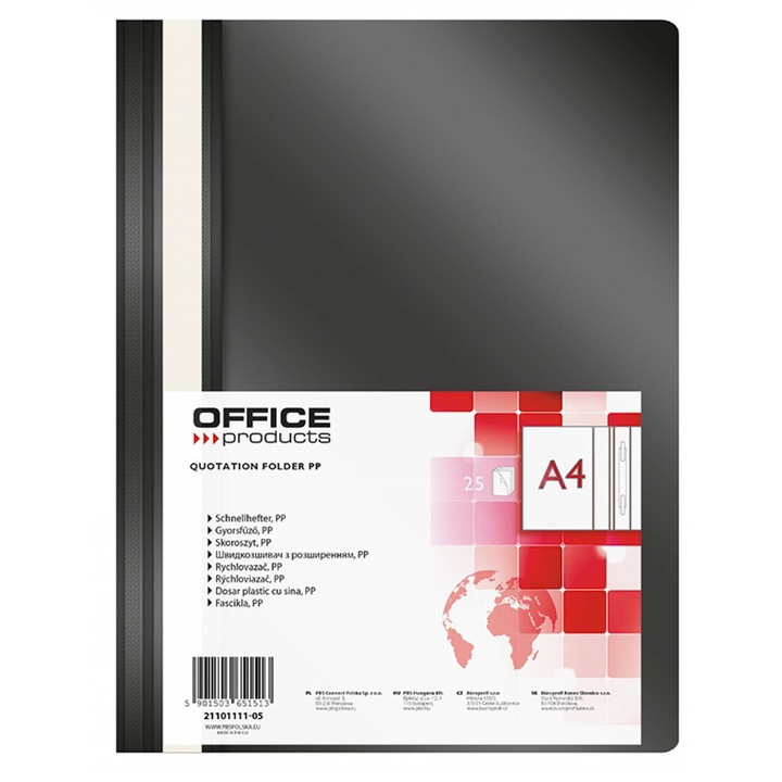 Set 25 Mape A4, Office Products, Polipropilena, Transparent/Negru, 225 x 305 mm
