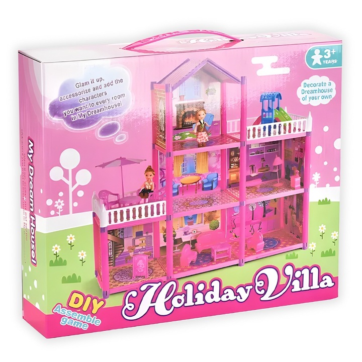 Set casa de papusi Villa Bella, 129 elemente, roz, 60x57x18cm, Starky