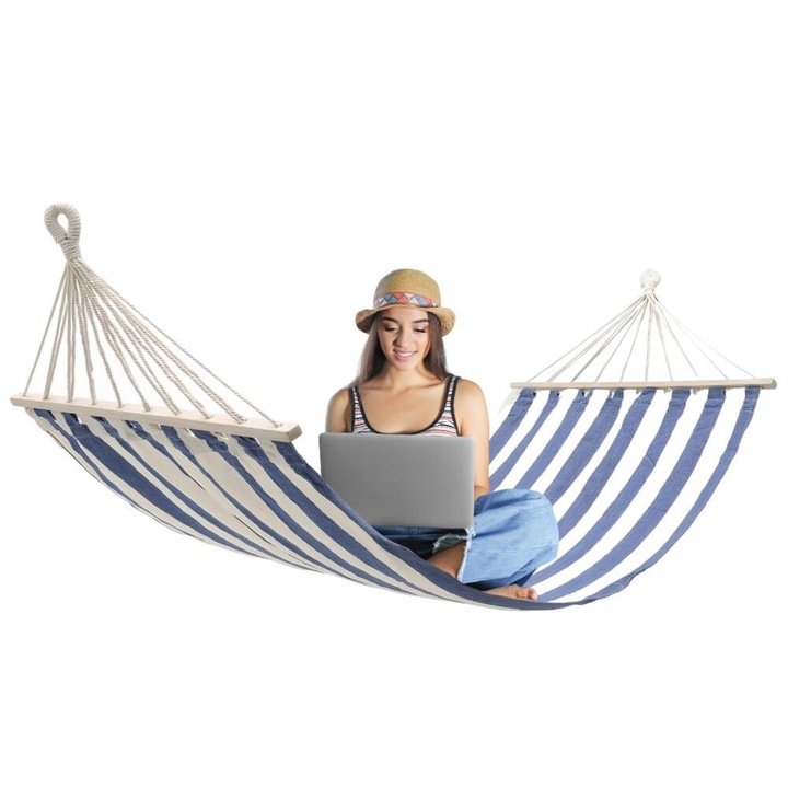 Hamac ZOLTA, 220x160cm, poliester-bumbac, 2 persoane, Alb albastru