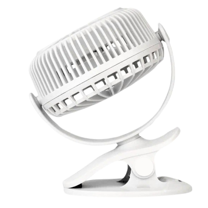 Вентилатор с щипка, SANDOS, бял, USB зареждане, 3 степени на скорост, размери 15x12x7см